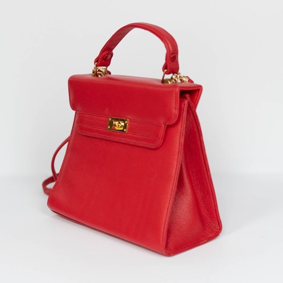Small Structured Crossbody Purse, Satchel, Red w Gold Hardware & Removable Strap - Picture 3 of 7